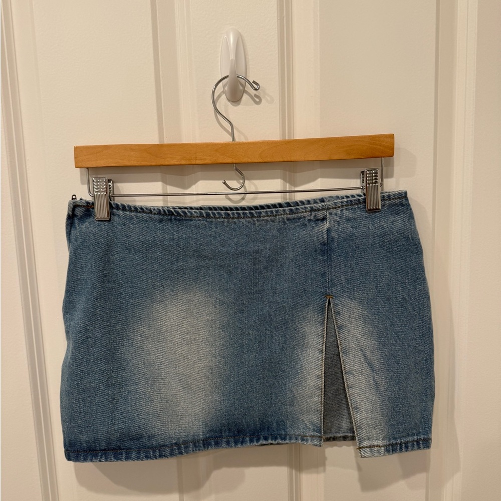 Edikted Blue Denim Mini Skirt with Slit